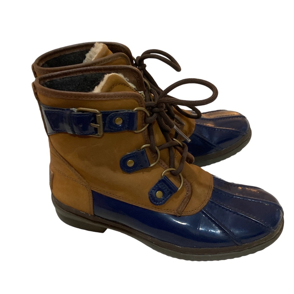 UGG Cecile Waterproof Duck Navy Chestnut Patent Leather Boots Sz 6.5 1012214